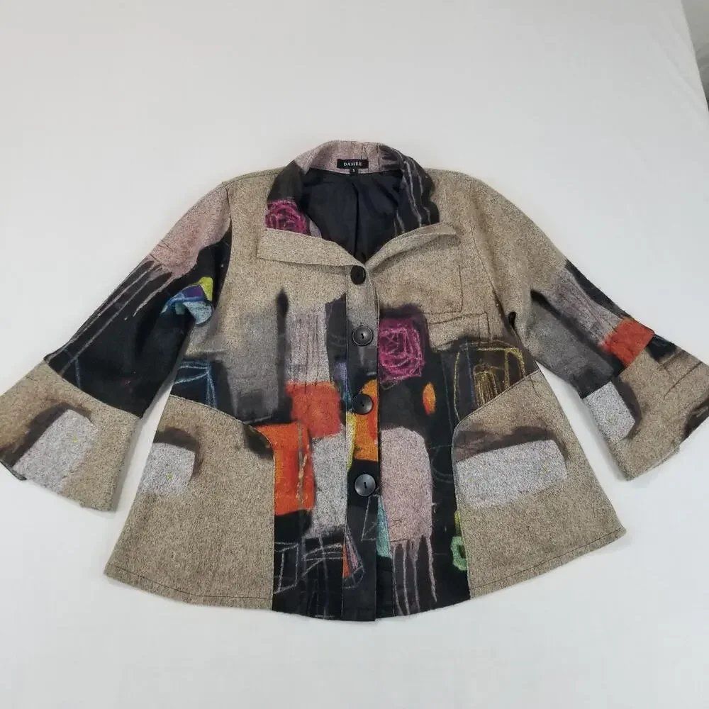 Damee Jacket Womens Small Multicolor Abstract Art to Wear Button Wire Collar - Picture 2 of 8
